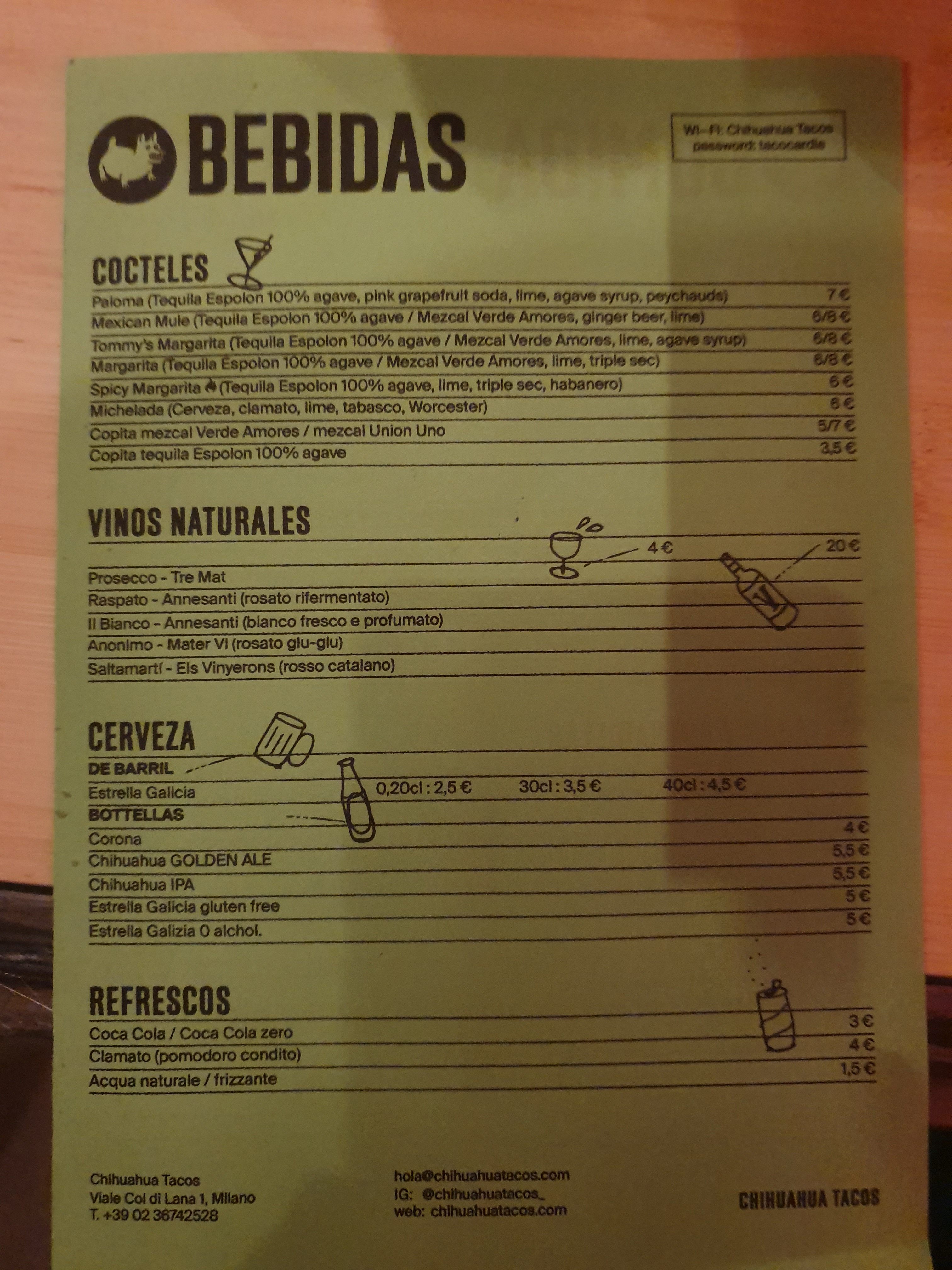 Chihuahua Tacos a Milano, menu
