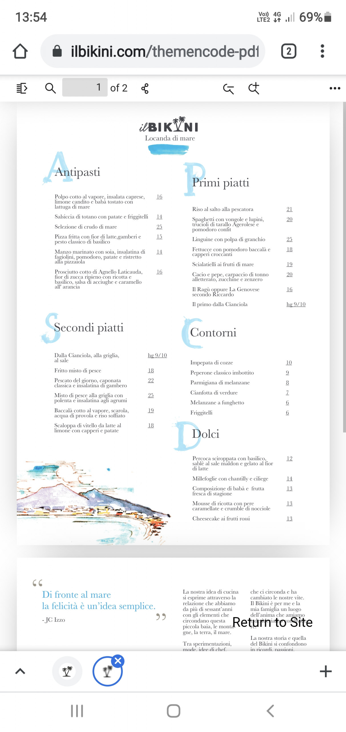 ristorante bikini menu