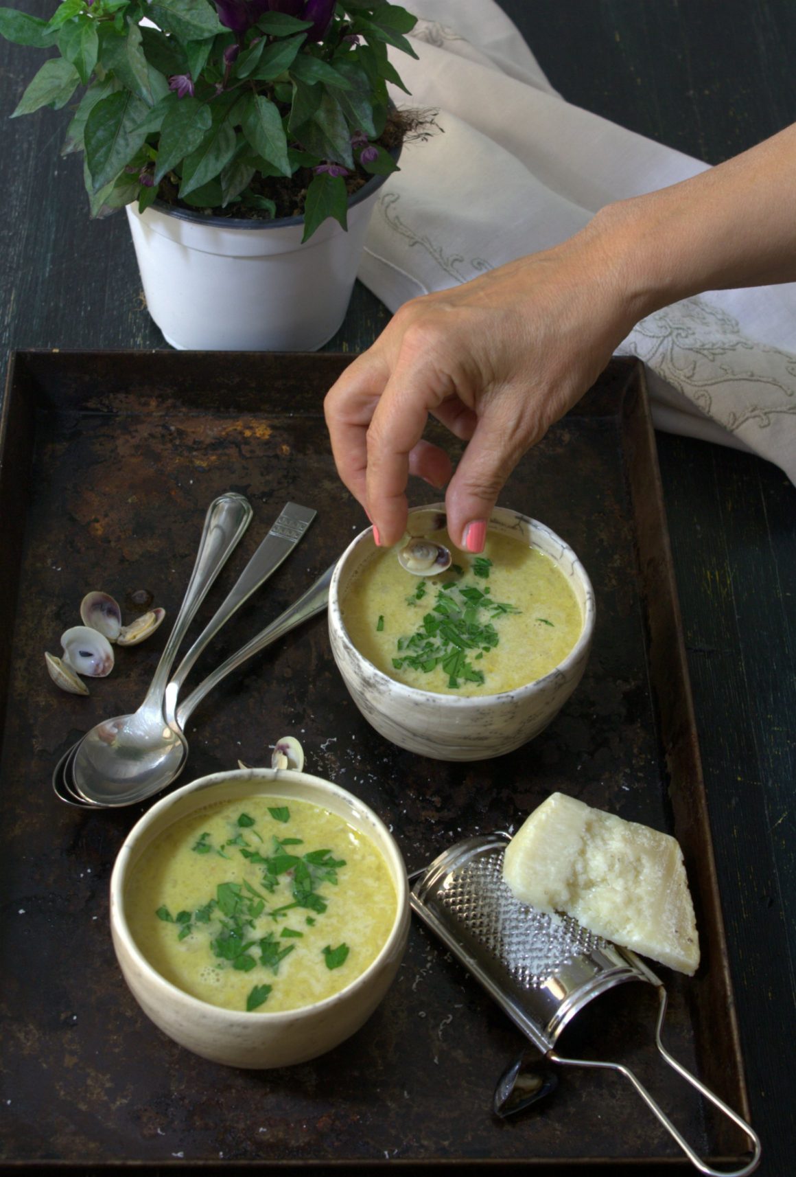 vassoio con due ciotole di zuppa decorate con prezzemolo