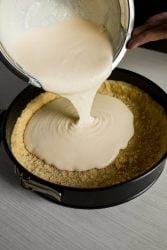 crema di cheesecake versata sulla base di biscotti
