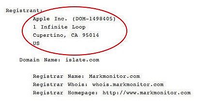 La registrazione del dominio iSlate.com da parte di Apple