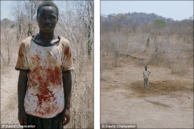 Uno degli abitanti del villaggio, e a destra, il posto dove è morto l'elefante, completamente ripulito a 24 oer di distanza