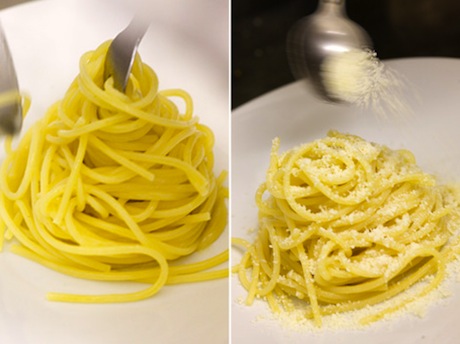 Spaghettoni Benedetto Cavalieri all’aglio rosso e parmigiano stravecchio (dedicati a Gabriele Bonci da Arcangelo Dandini)